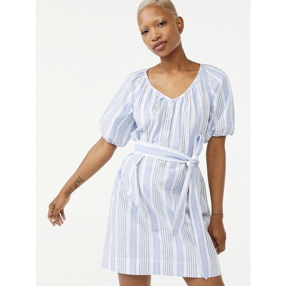 Free Assembly XS Mini Dress Blue White Striped Cotton Puff Sleeve Belted Coastal